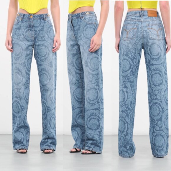 VERSACE BAROCCO PRINTED HIGH RISE STRAIGHT LEG BLUE DENIM JEANS SIZE 29 NWT - Picture 1 of 1